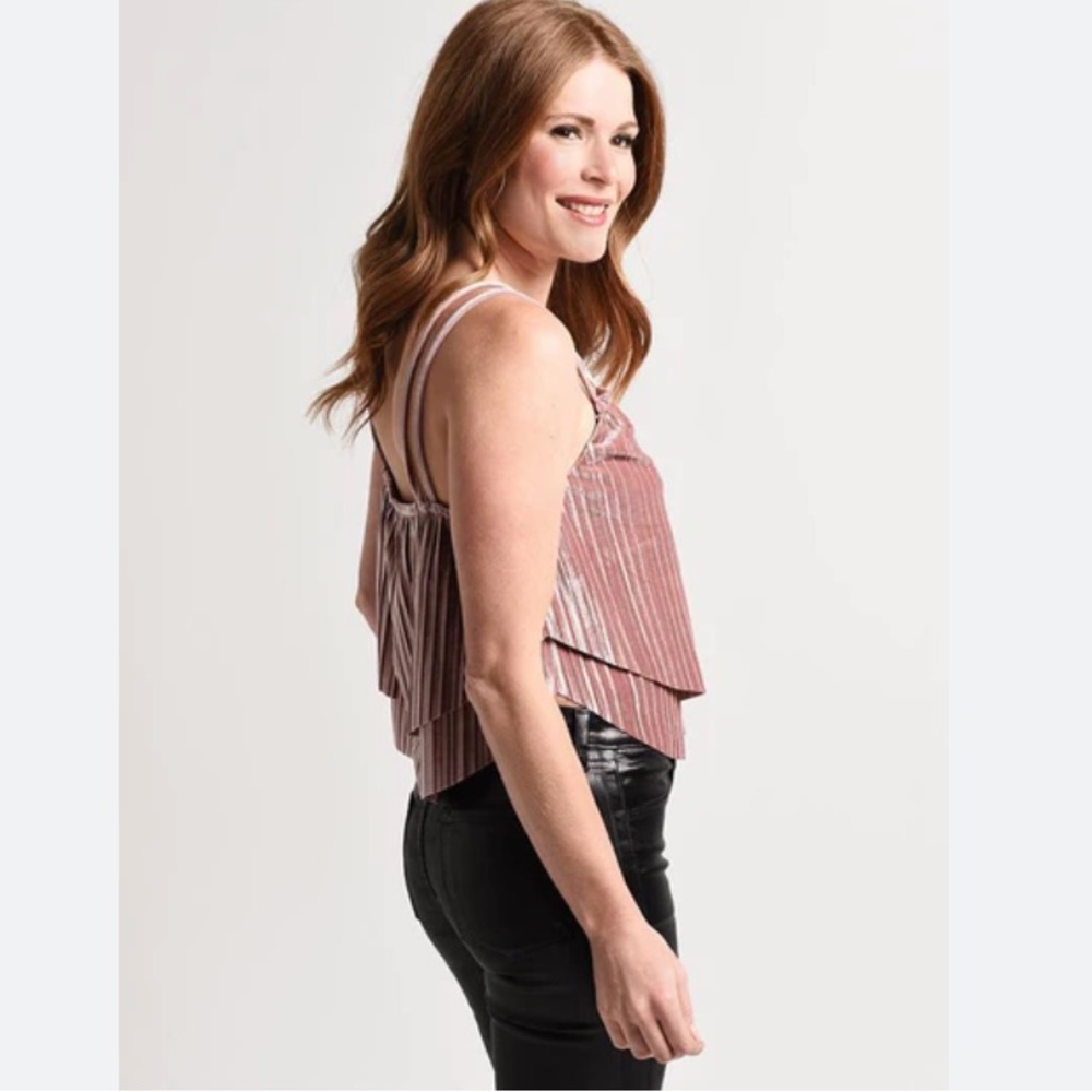 Miss Love Tiered Velvet Ribbed Top, Size Small, Dusty Rose Pink